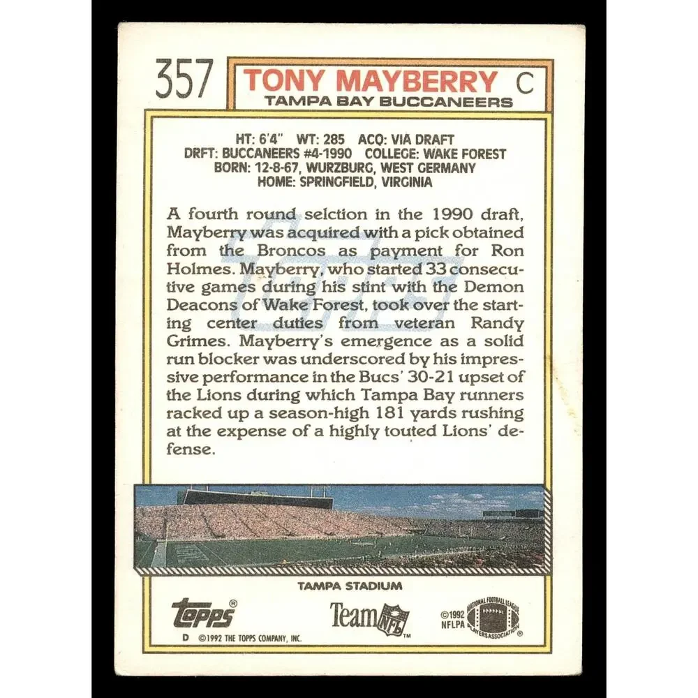 1992 Topps - Gold #357 Tony Mayberry Football Card